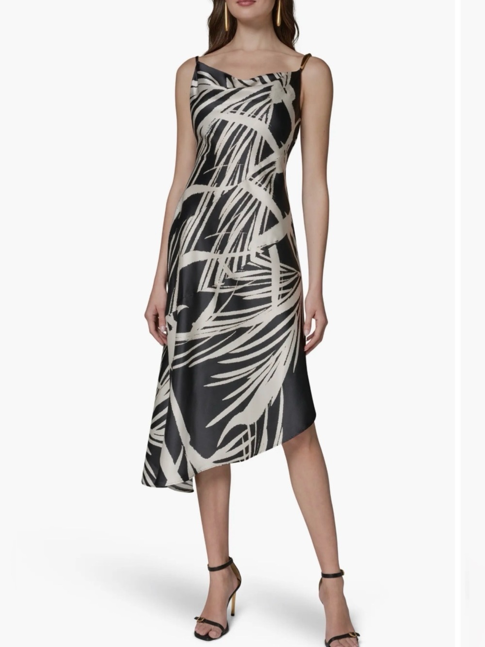 Donna Karan NWT 16 Black and Cream Crowl Asymmetrical Abstract Print Dress